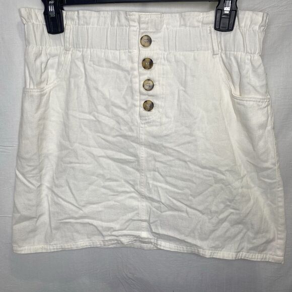 VERY J Mini Skirt Paperbag Waist Button Front Pockets Cotton Womens M White - Picture 1 of 8